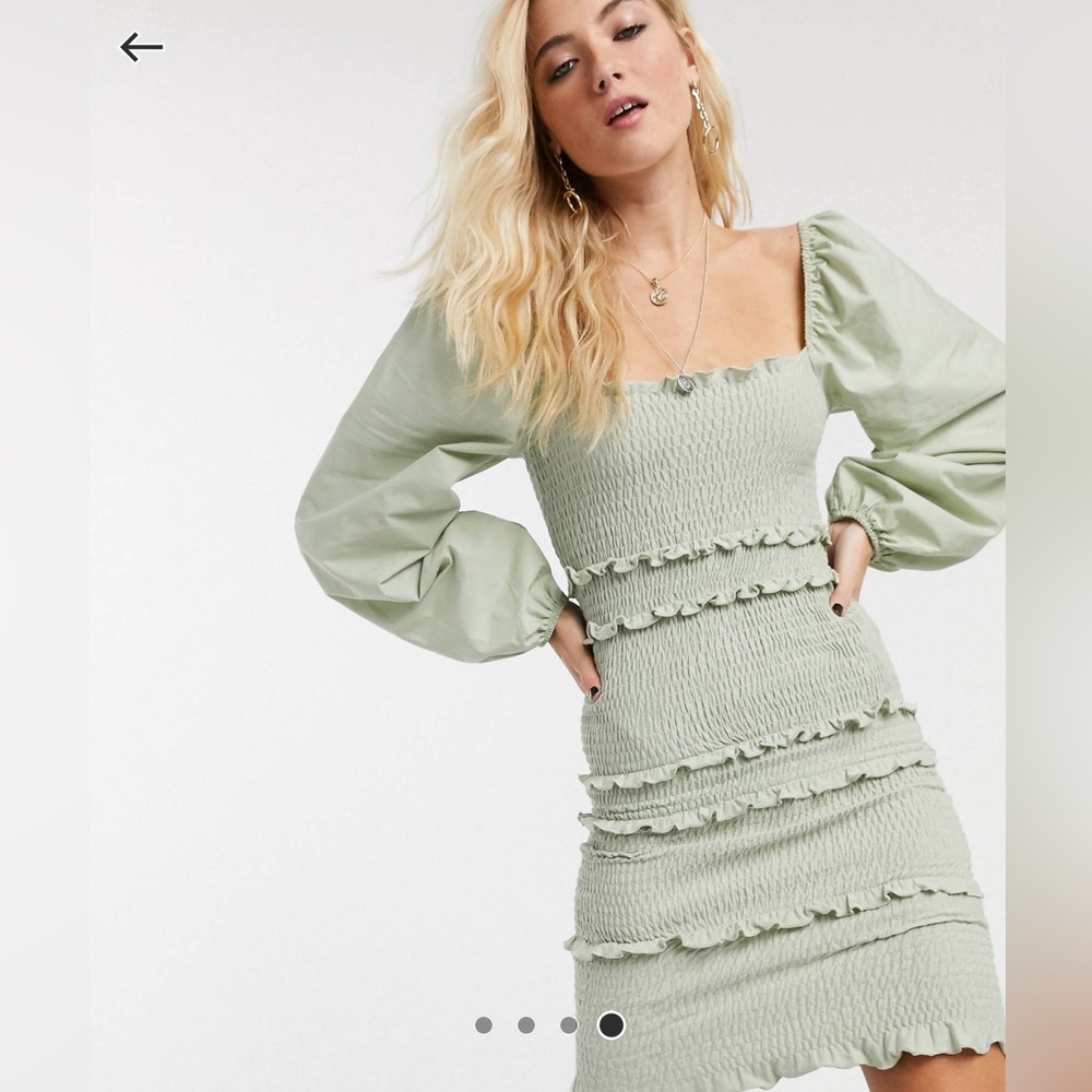 Topshop shirred long sleeve mini dress in sage green